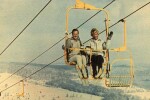 vintage 60's Greek Peak postcard, two women on a ski lift